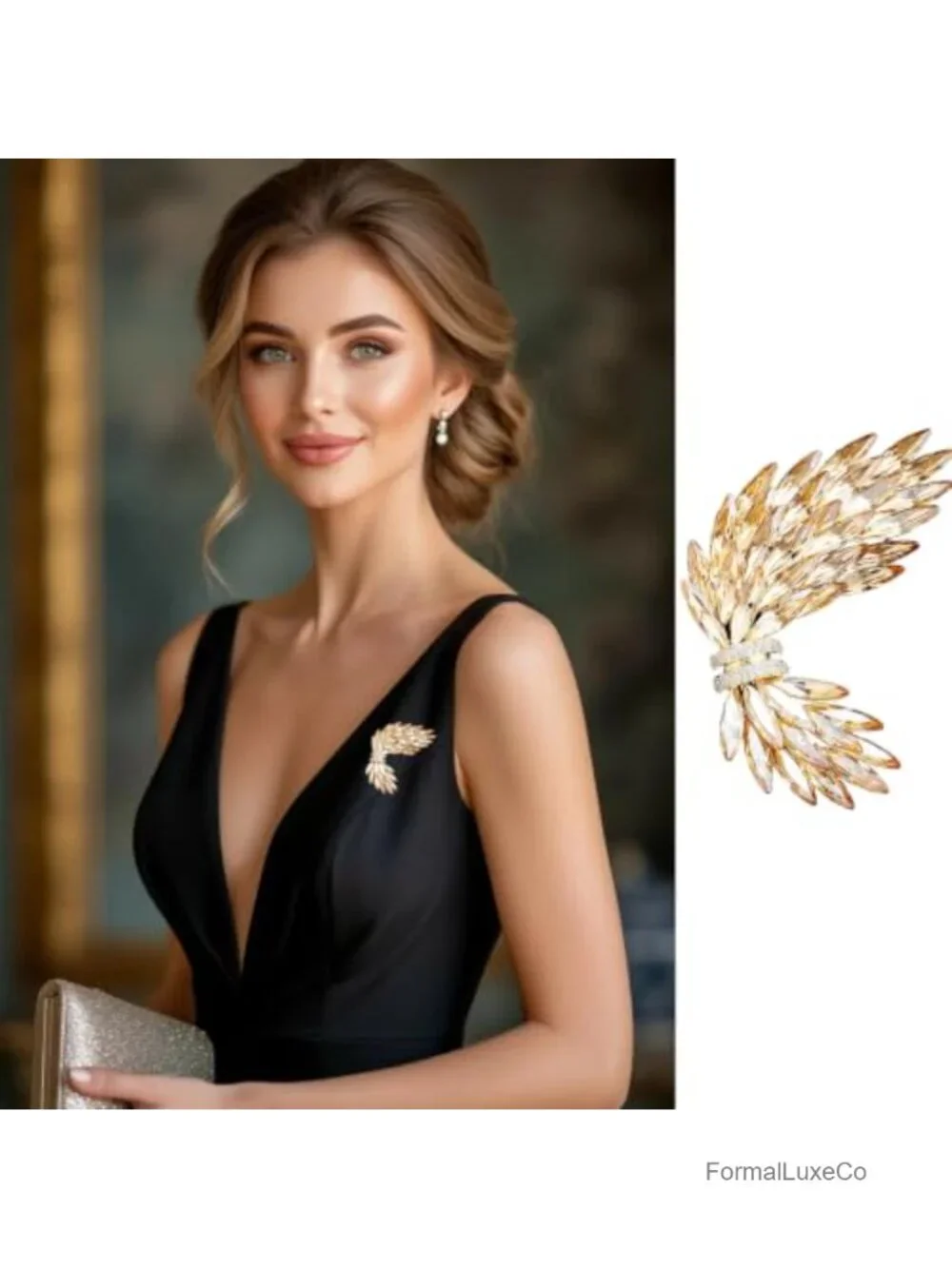 Vintage Gold Tone Wing Brooch Rhinestone Crystal Enamel Lapel Pin for Women